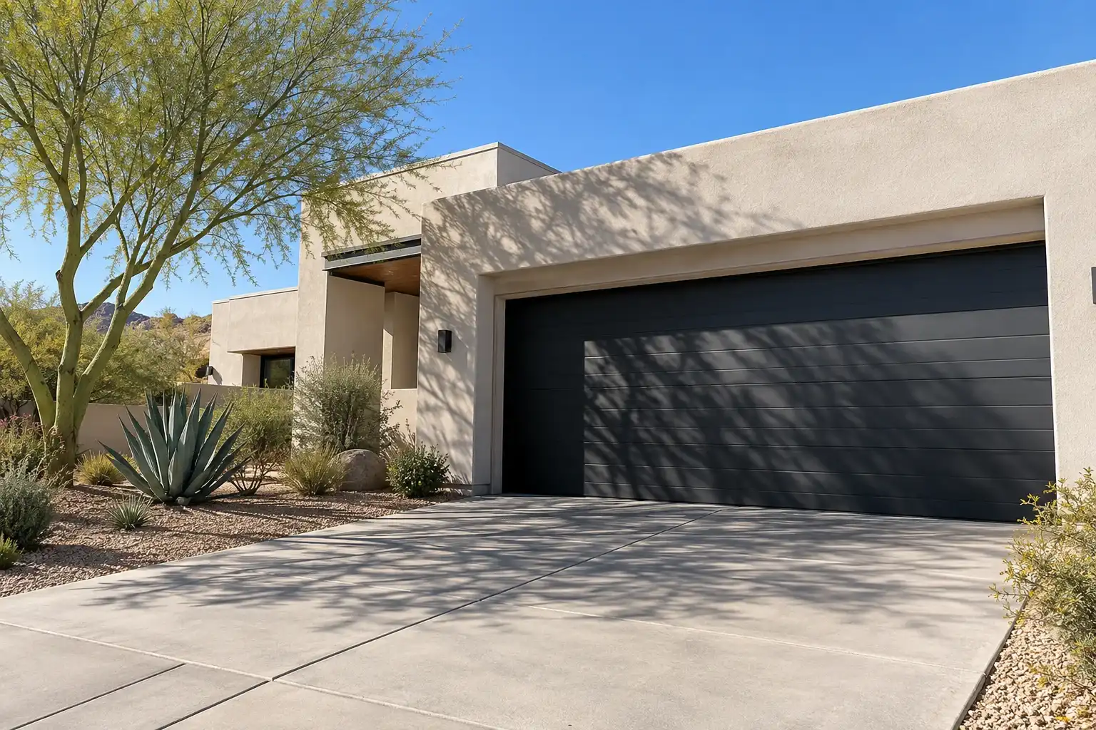 Desert modern home with a wide charcoal flush garage door seen from the left