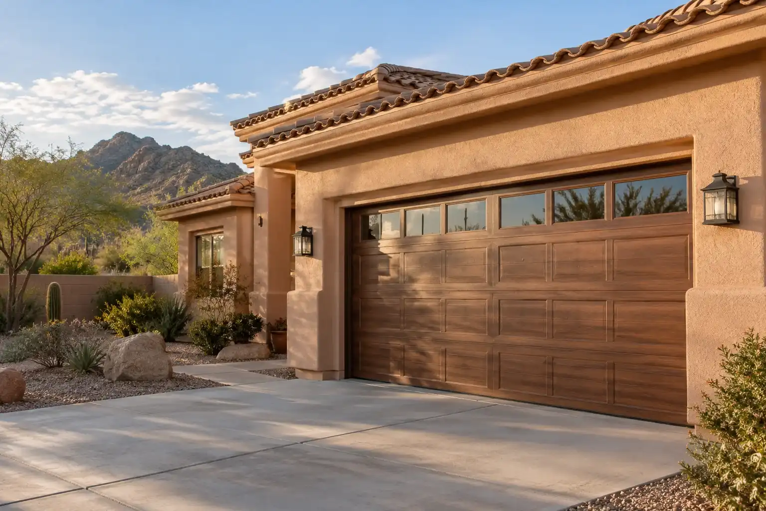 Terracotta stucco home with a wood tone carriage garage door and mountains behind