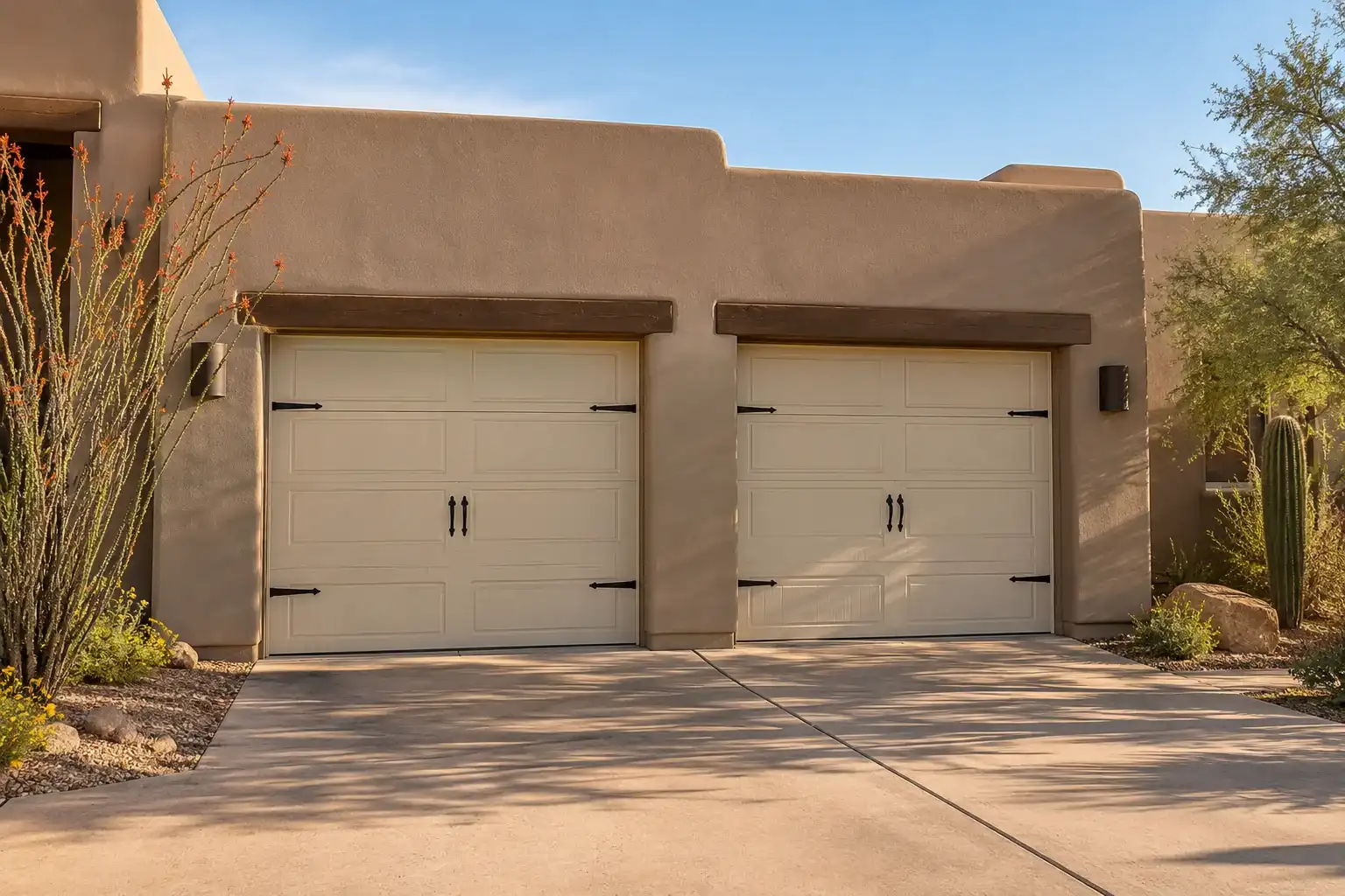 Adobe style home with 2 single cream garage doors side by side