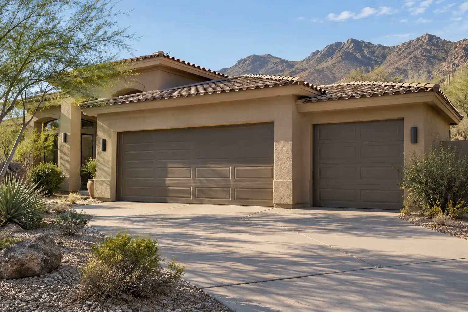 Three car Sonoran home with brown garage doors and mountains behind