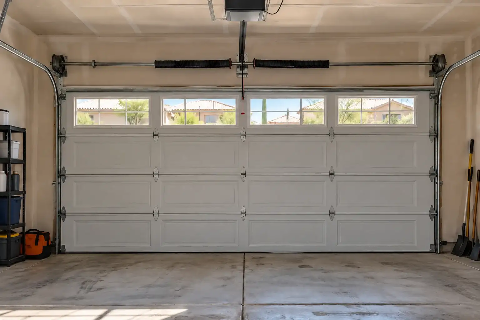 Inside a garage: a white door with windows, tracks, torsion spring and opener rail