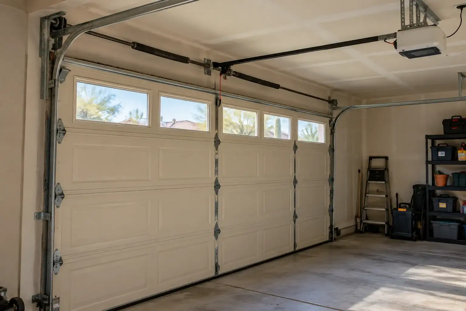 Inside a garage from an angle: door tracks, rollers and the opener on the ceiling
