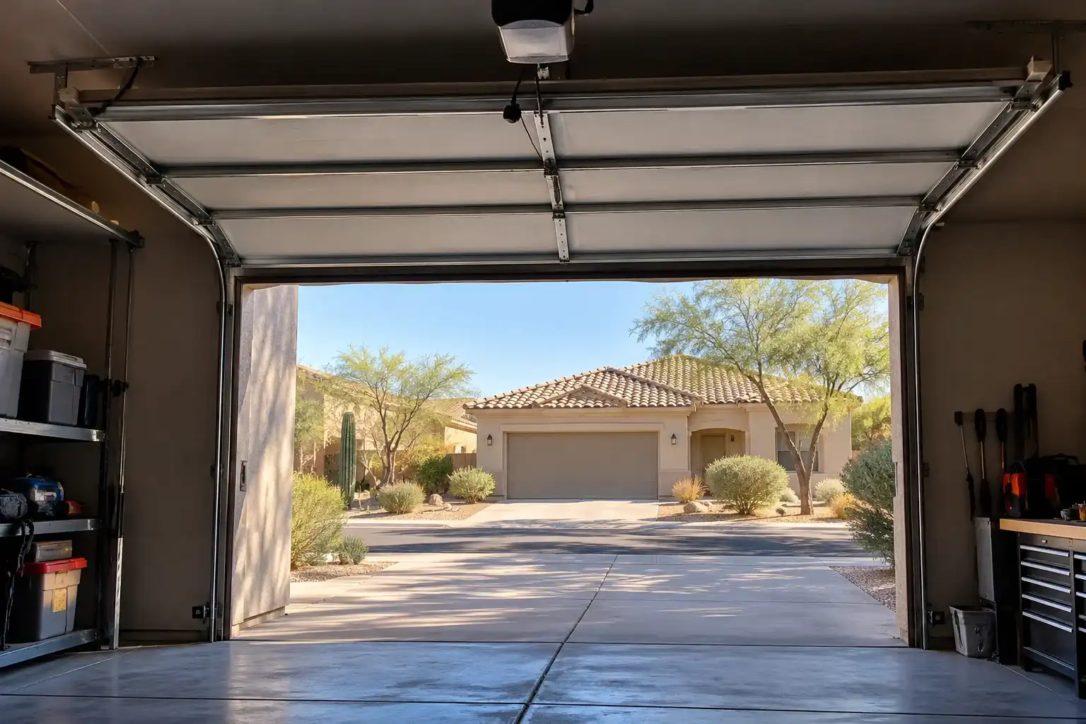 View from inside an open garage onto a sunny Arizona street