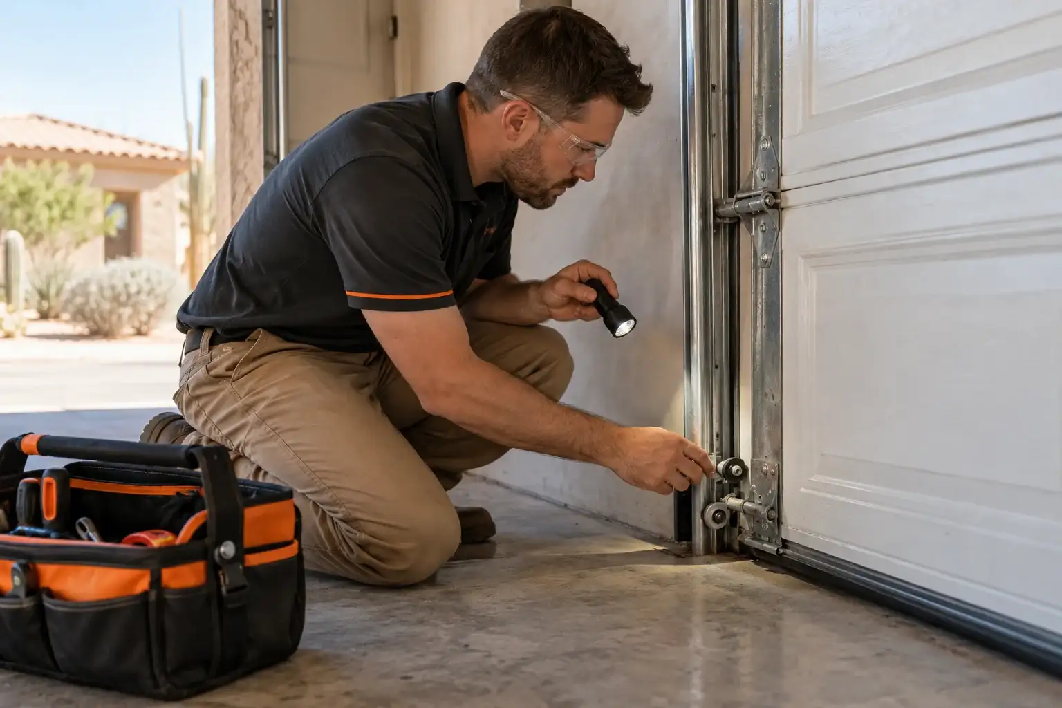 Technician kneeling with a flashlight to check the rollers at the bottom of a garage door