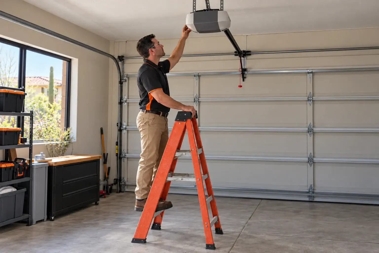 Technician on a ladder checking a garage door opener on the ceiling