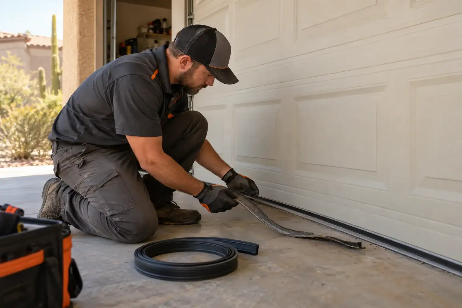 Technician fitting a new rubber weather seal along the bottom of a garage door