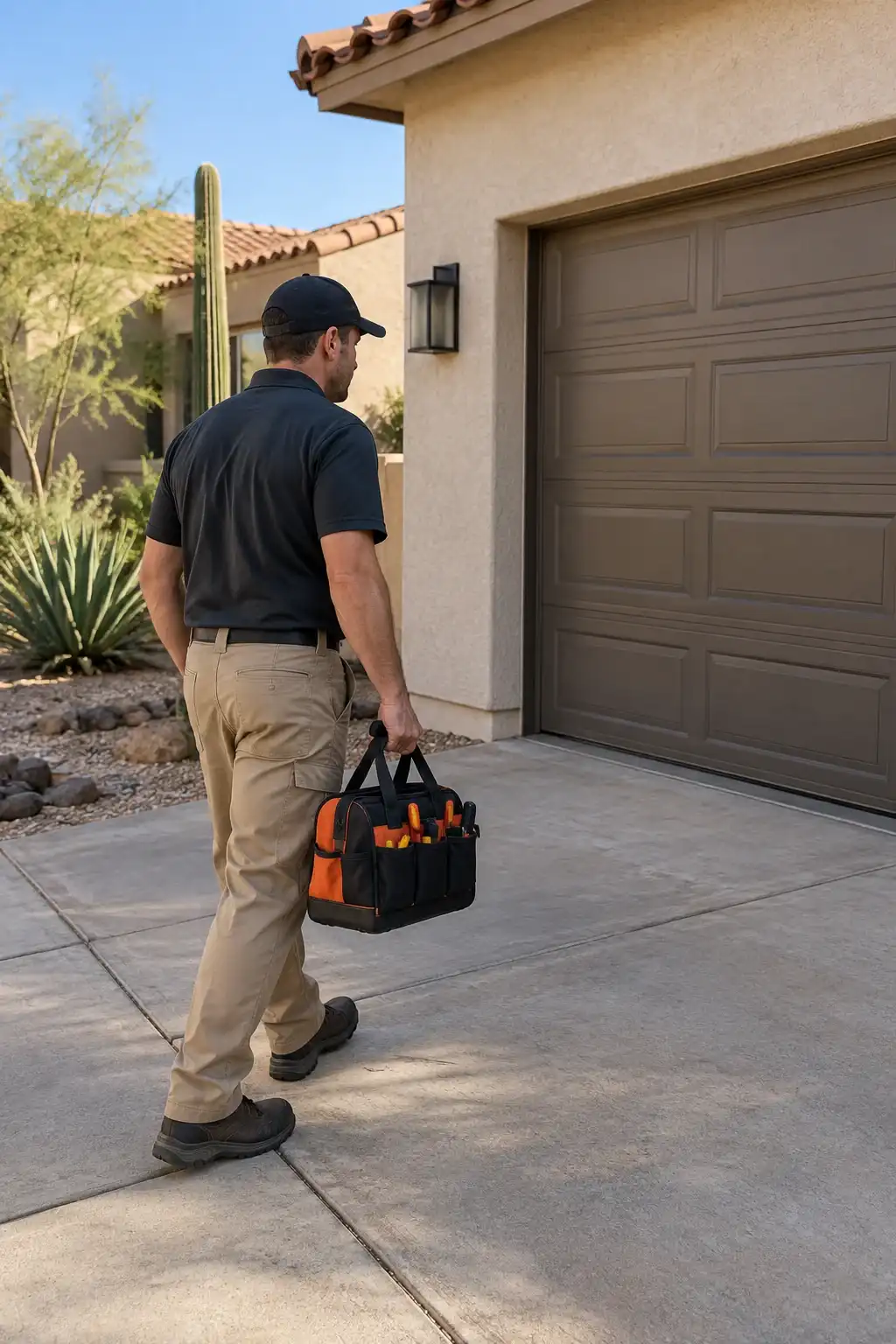Technician with a tool bag walking up a driveway toward a brown garage door