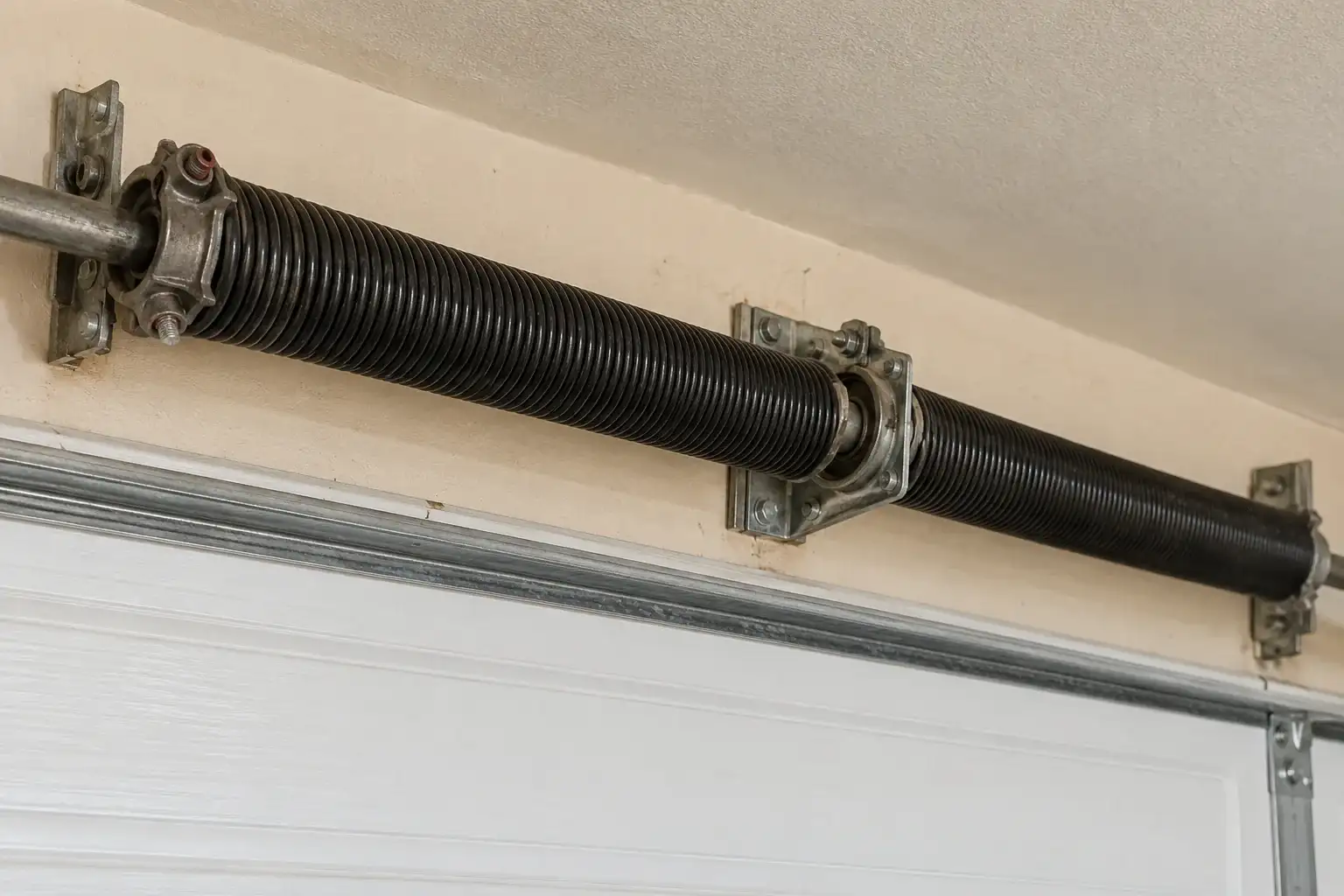 Close view of a torsion spring on its steel bar above a garage door