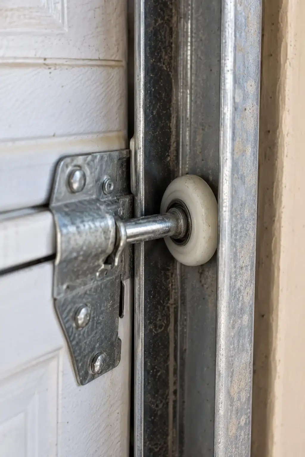 Close view of a nylon roller in a steel garage door track