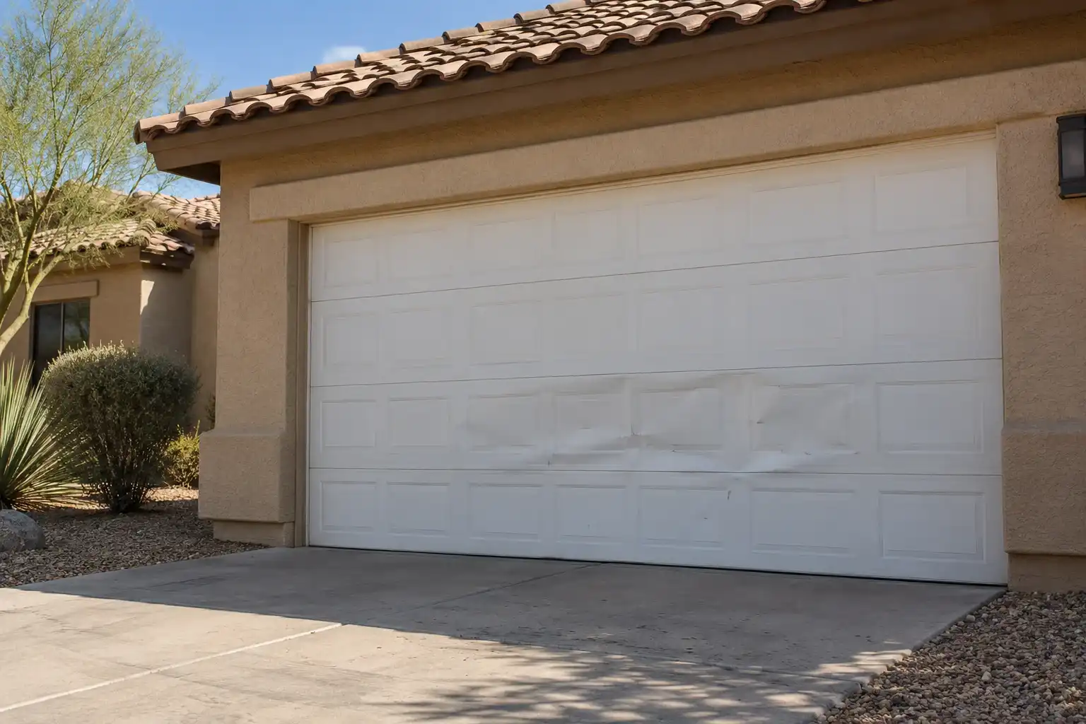White garage door with a dented bottom panel on a stucco home