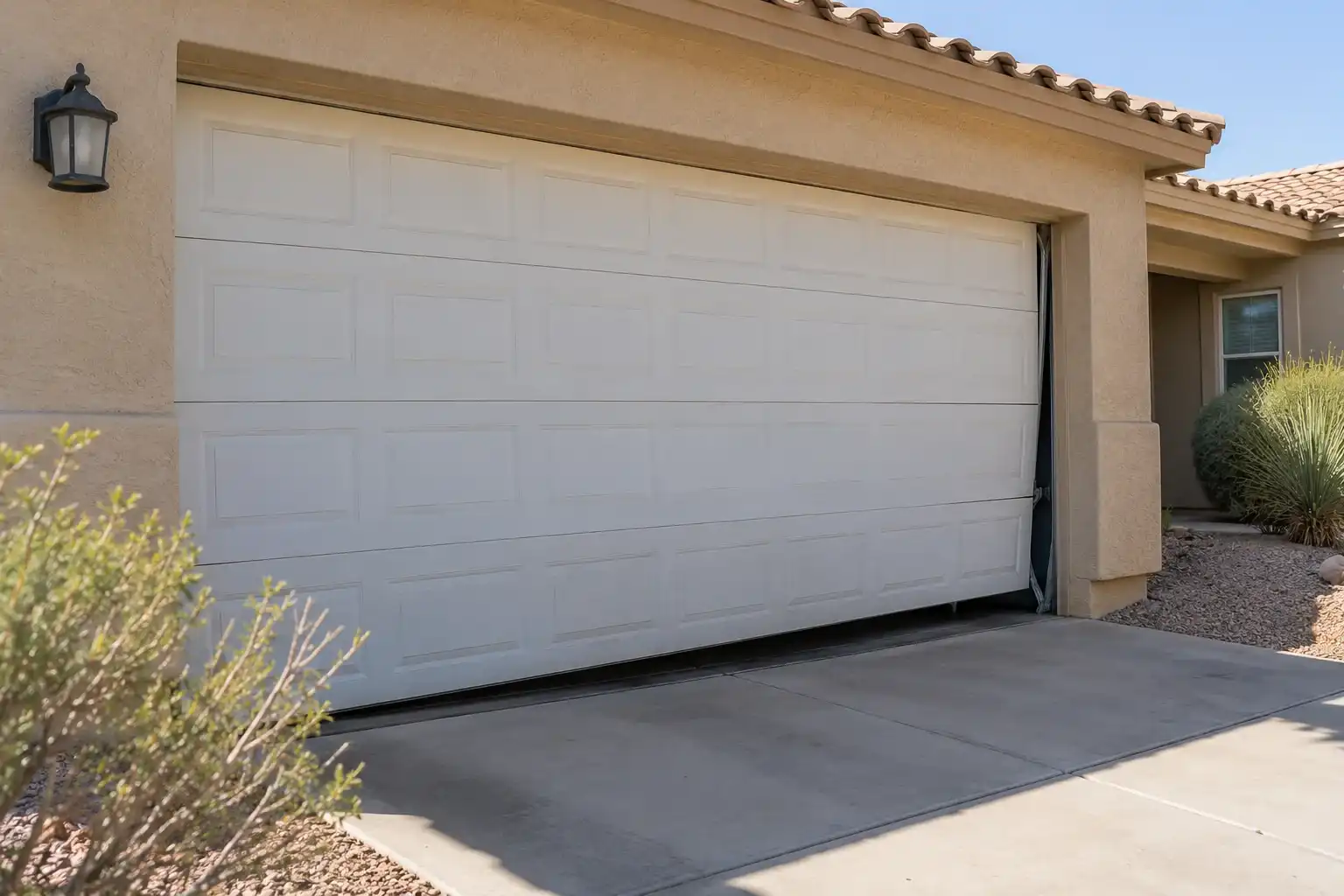 Garage door hanging crooked and off its track on a stucco home